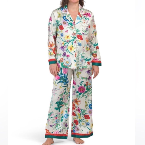 Dalia Macphee Other - Dalia MacPhee White Field Poppy Satin Pajama Set Size Large Long Sleeve